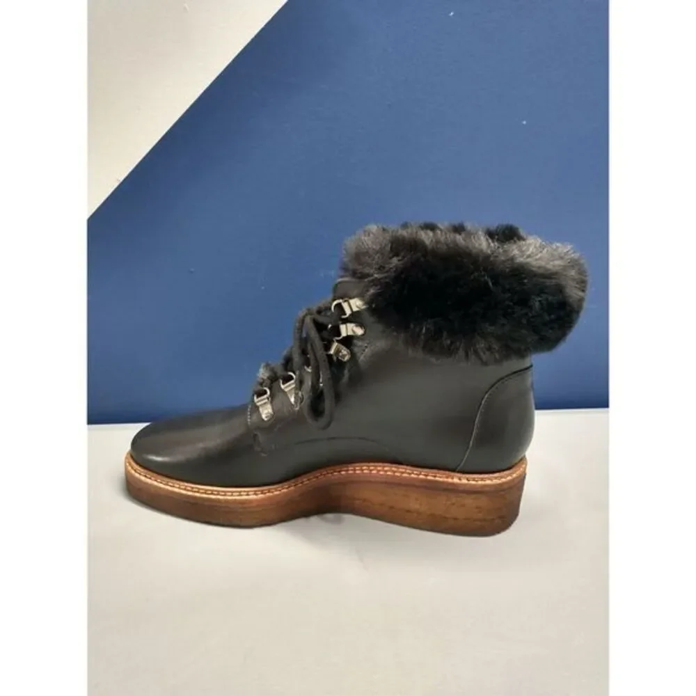 Botkier Winter Boots Womens Size 6 Black Leather Faux Fur Trim Round Toe Lace Up